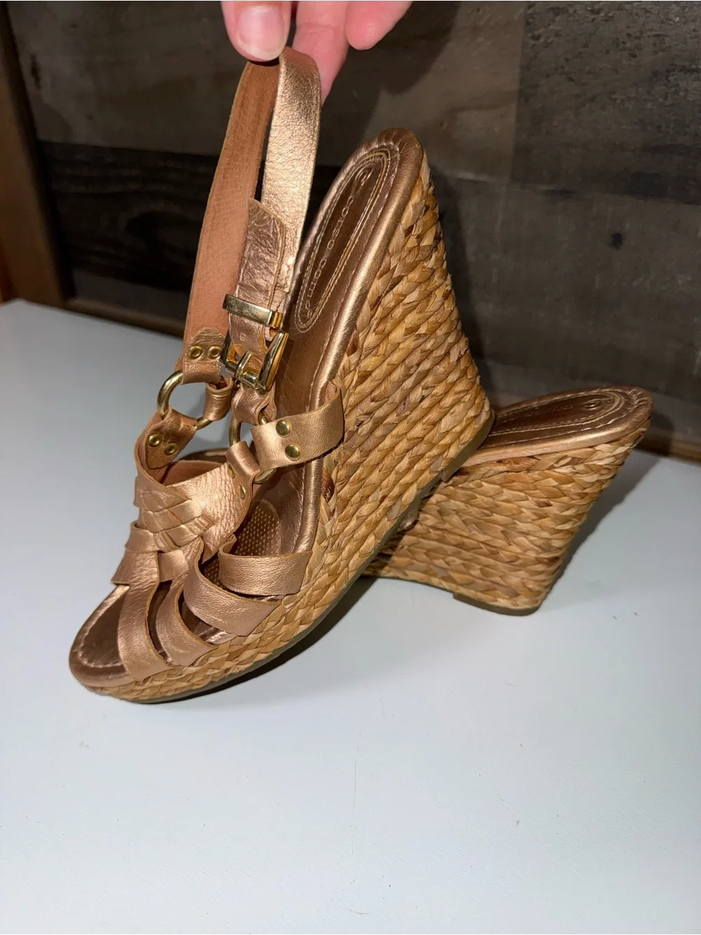 Corso Como Metallic Rose Gold Bronze Braided leather Wedge Sandals size 9